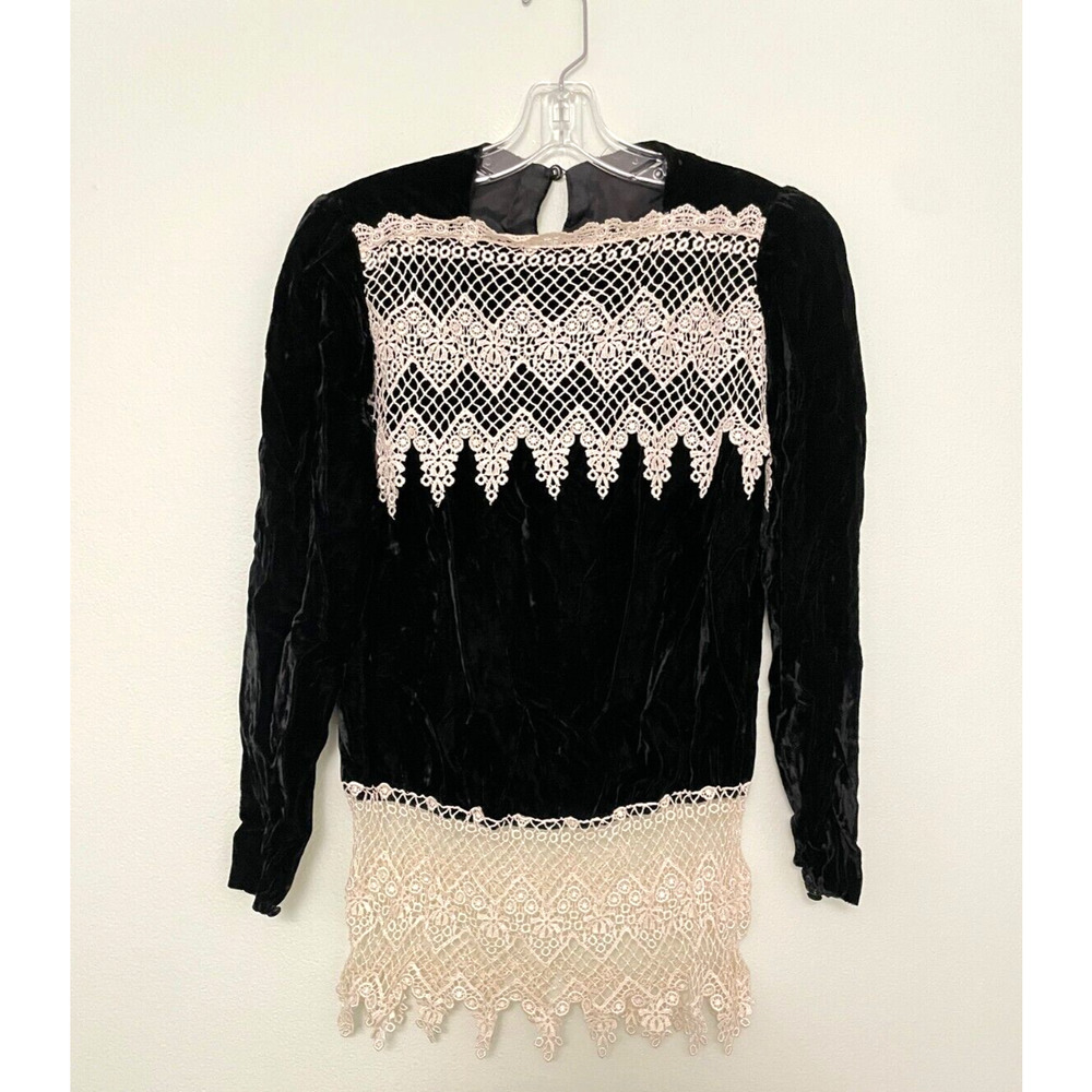 Vintage Womens Top Small Black Velvet Crochet Trim Long Sleeve Whimsigoth 90s